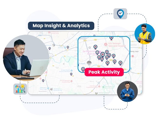 Visual showing Caction’s CRM and field service management software with map insights and analytics. The interface highlights peak activity zones on a live map, helping managers monitor team locations, job density, and customer requests in real time. Executives, field technicians, and operations staff are connected through Caction’s unified CRM, job tracking, and analytics system, which turns location data into actionable business intelligence. Designed for service and maintenance industries, the platform enhances customer relationship management, performance visibility, and operational decision-making, empowering teams to plan smarter, allocate resources efficiently, and improve customer response times