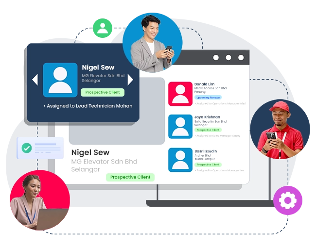 Illustration of Caction’s CRM and customer management system showing a digital interface for managing prospective clients and account assignments. The screen lists multiple clients with contact details, relationship stages, and technician or manager assignments. Employees are seen collaborating on laptops and mobile devices, demonstrating seamless coordination between sales, operations, and field teams. Caction’s all-in-one CRM and field service platform helps companies track leads, manage client relationships, and assign service personnel efficiently. Ideal for B2B service providers, it improves visibility, accountability, and customer satisfaction through centralized data, real-time updates, and automated workflow management.