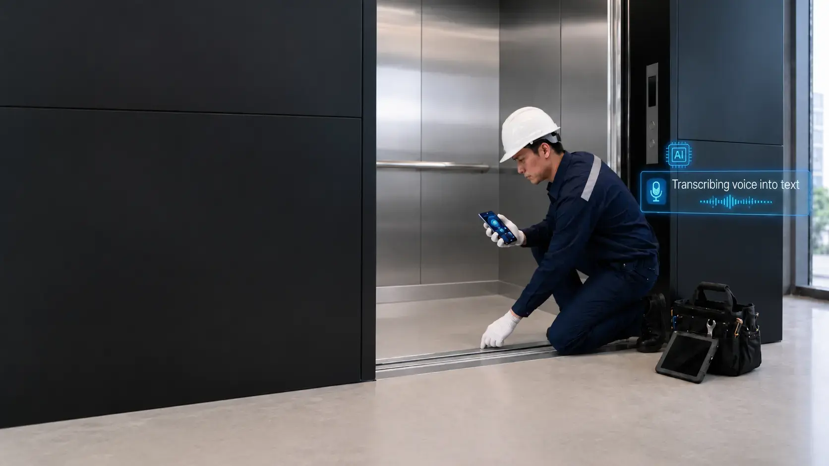 Elevator service technician using Caction to manage elevator maintenance jobs in the field