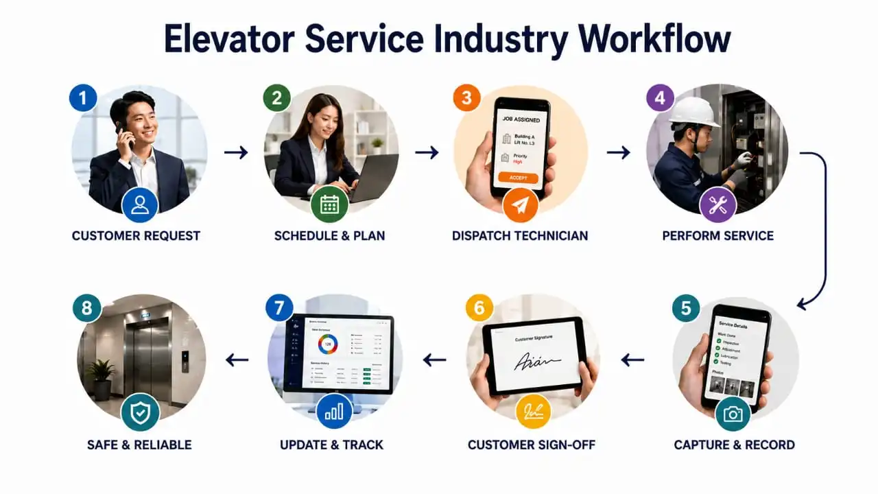 Elevator and escalator maintenance technicians servicing lift equipment