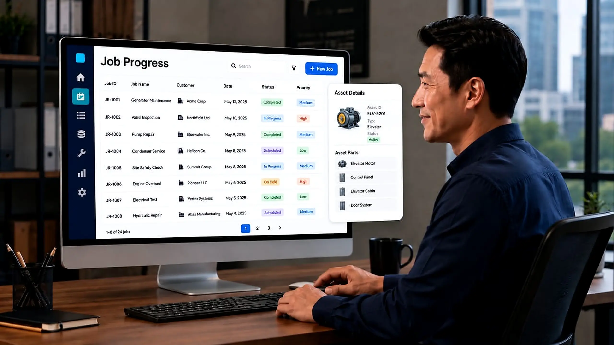 Caction digital platform showing elevator maintenance job tracking and digital SOPs