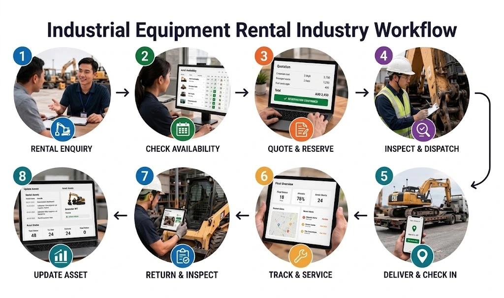 Industrial equipment being prepared and delivered by a rental company