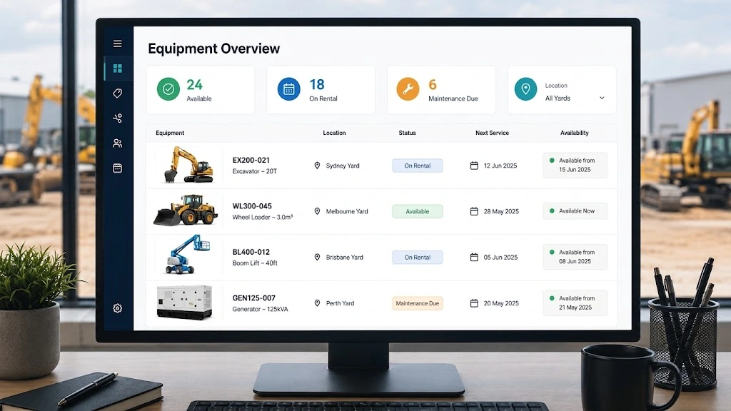 Caction digital platform showing equipment rental asset records and job visibility