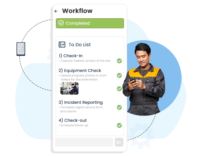 Compliance Backed By Proof This image shows a technician using Caction’s field management and CRM system to complete a digital workflow checklist. Each task—check-in, motor inspection, oil filtration, and after-service updates—is verified with photos and automatically recorded in the CRM for traceability. The field service management software ensures every job follows standard operating procedures and captures real-time customer data. With automated workflows, Caction connects technicians, managers, and customers in one seamless platform—reducing errors, improving accountability, and giving businesses full visibility from operations to client relationships, all in one integrated CRM and field management solution.