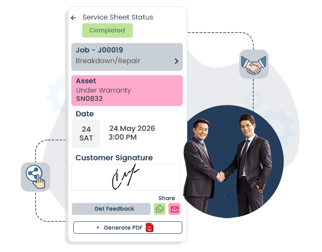 Every Form, Digital and Ready This image shows how Caction’s field management software helps teams close jobs seamlessly using a fully digital service sheet system. Every service detail — from job number, asset warranty status, and customer signature — is captured in one place. Technicians can instantly share completed reports through WhatsApp, generate PDFs, and collect customer feedback in real time. The handshake between professionals represents trust, efficiency, and strong customer relationships built through transparency. Caction’s field management system empowers service teams to eliminate paperwork, reduce errors, and provide faster, more accountable maintenance and repair operations for every job completed.