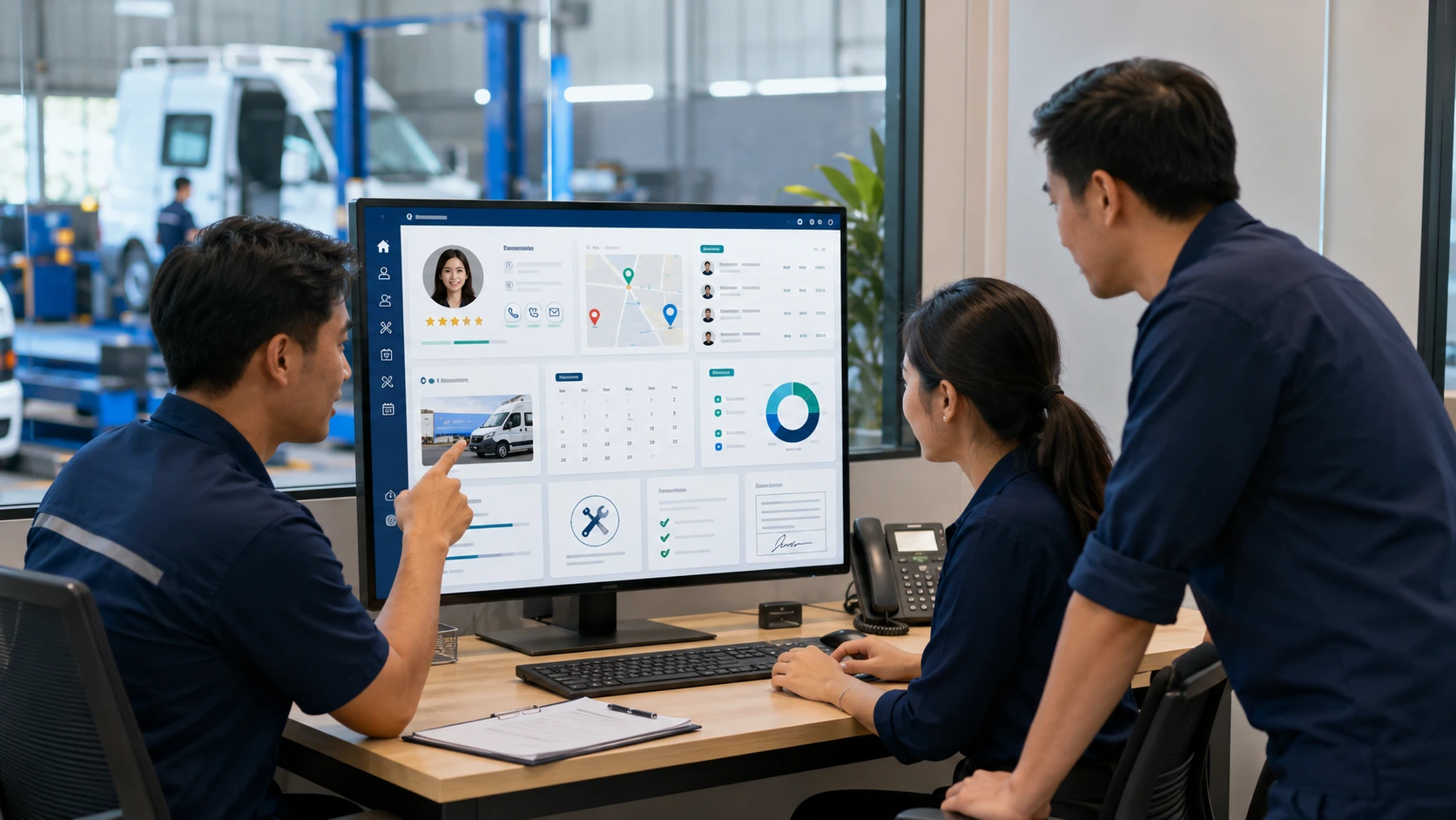 service-business team viewing customer and job information on a dashboard