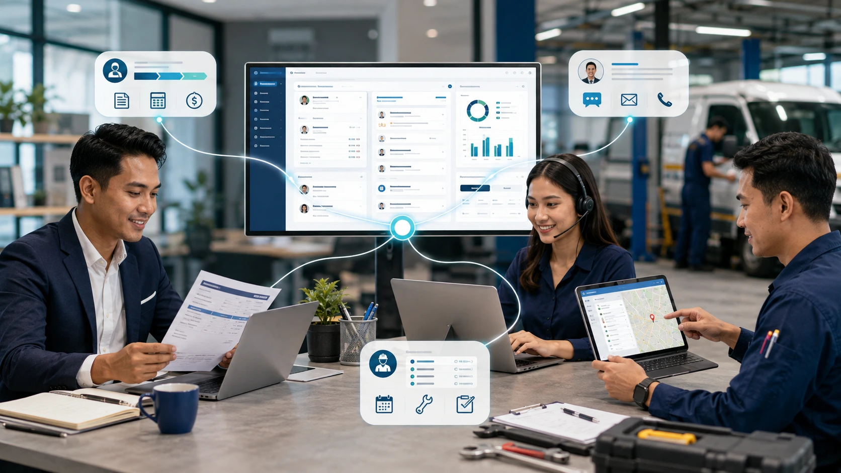 diagram showing CRM connecting sales, customer service and operations teams