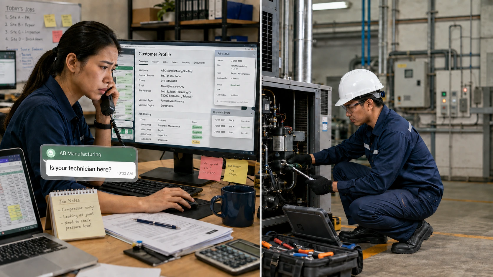 Split scene showing office staff managing customer information and a technician working at the customer’s site