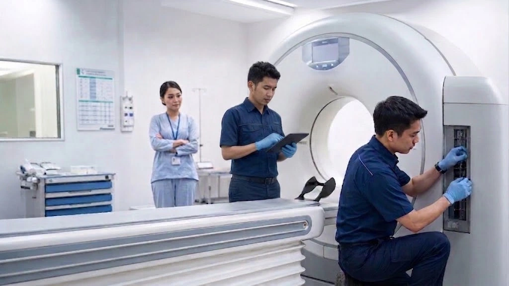Medical device engineer servicing high-value hospital equipment