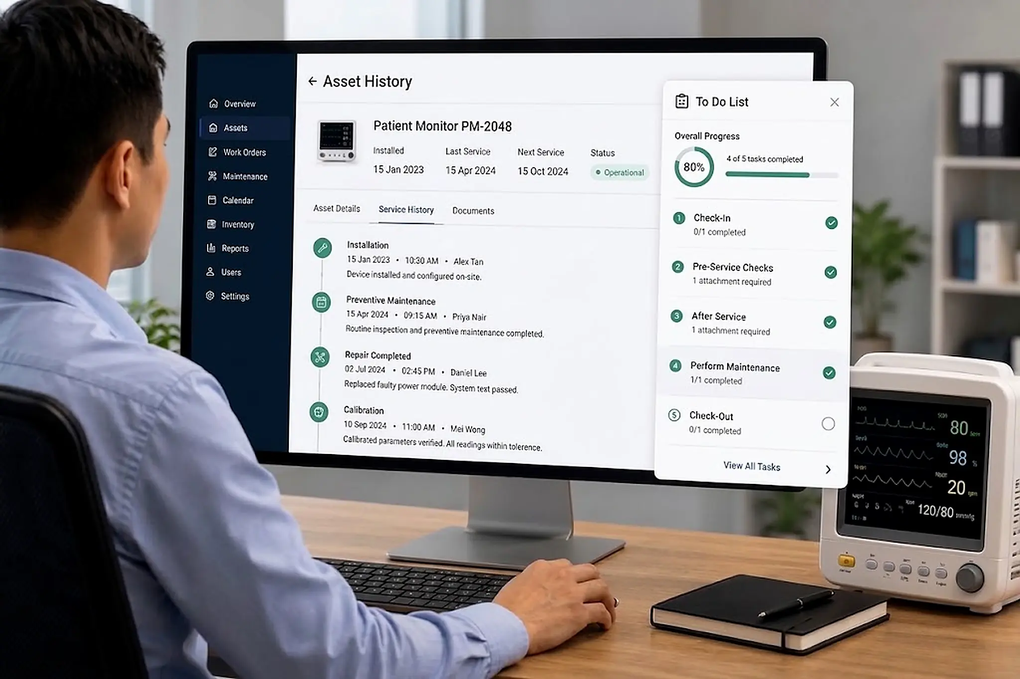 Caction digital platform showing medical device equipment lifecycle and service records