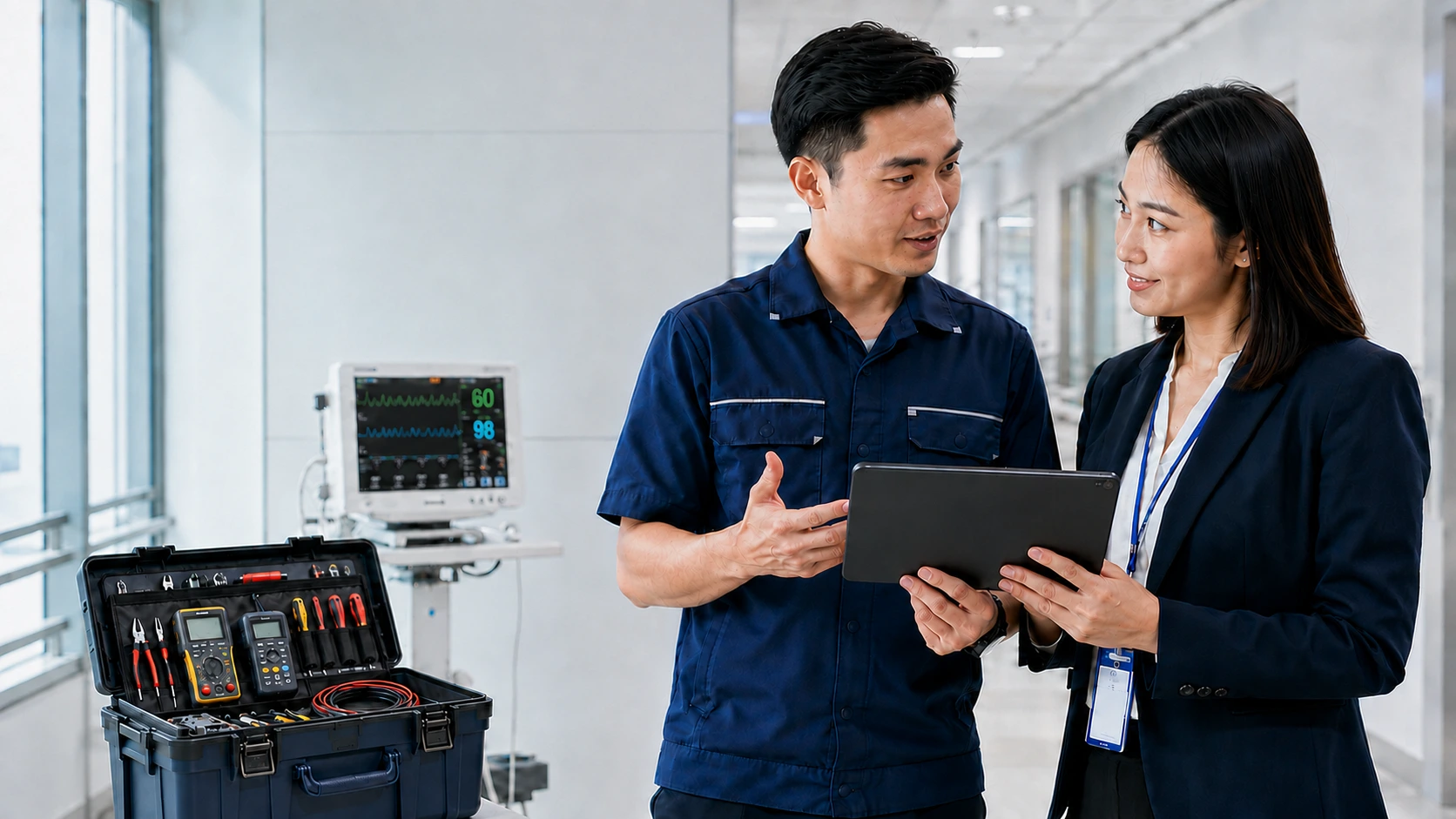 Field engineer and hospital administrator reviewing asset details on a tablet beside a patient monitor and a service toolkit in a hospital corridor