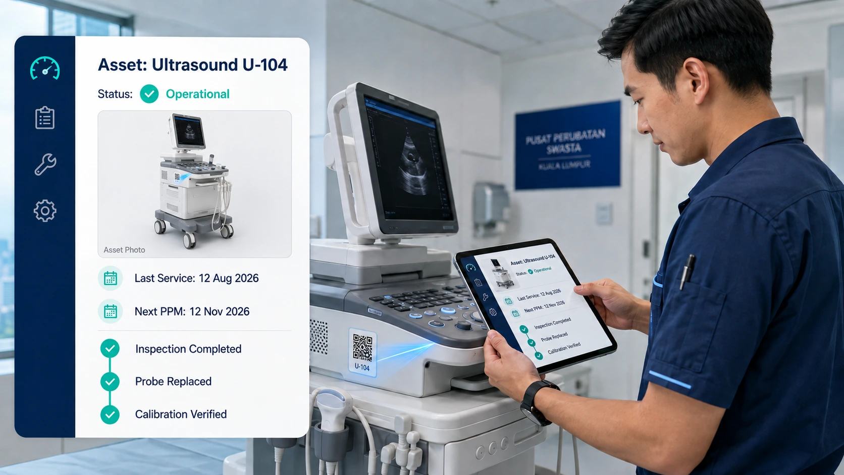 Engineer scanning the Caction asset record for an ultrasound machine on a tablet, showing operational status, last service date, next PPM date, and completed inspection, probe replacement and calibration checks.