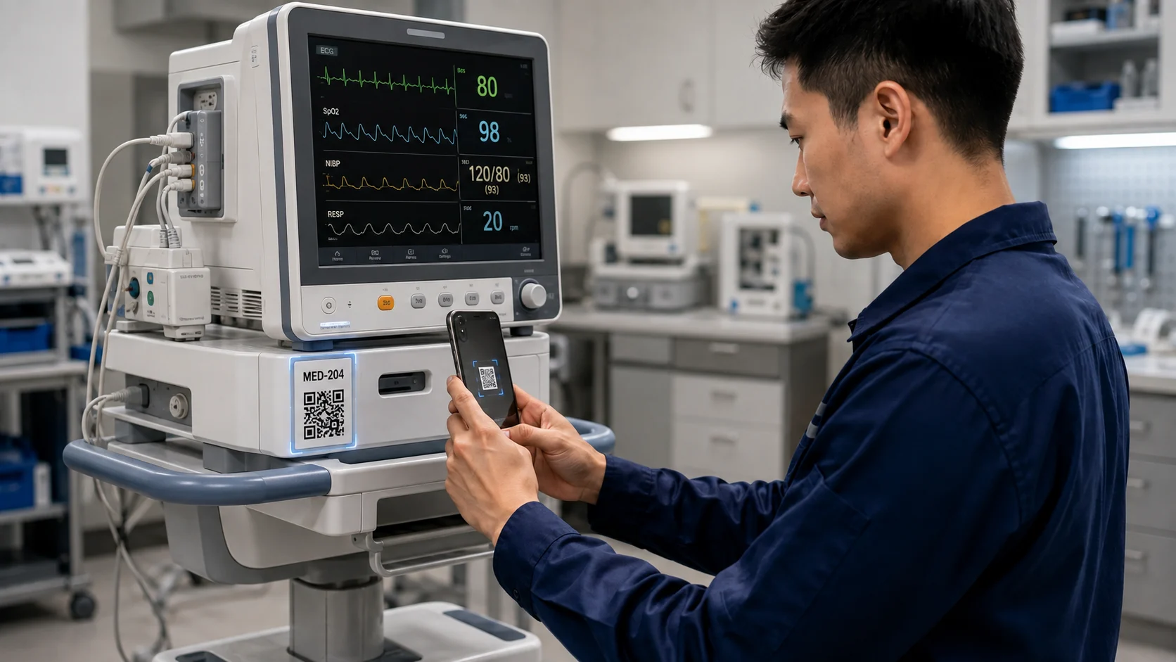 Engineer scanning a QR code on a patient monitor with a smartphone to pull up the device’s Caction asset record and service history.