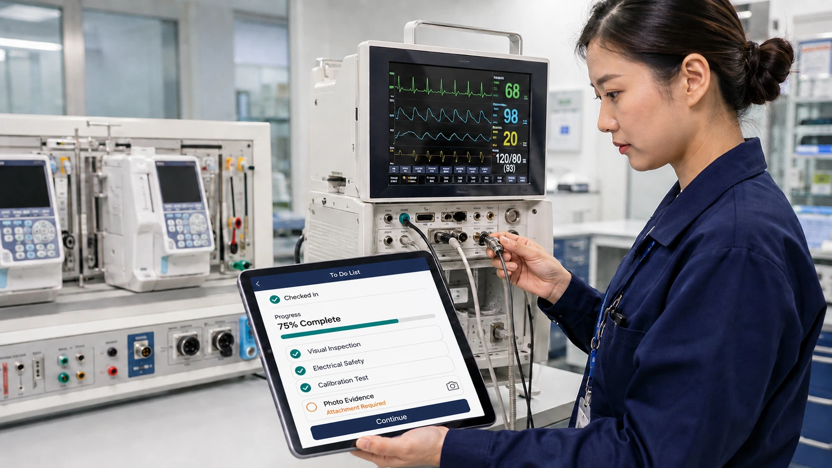 Technician following a digital To Do List checklist in Caction beside a patient monitor — Checked In, 75% complete, with Visual Inspection, Electrical Safety and Calibration Test confirmed and photo evidence still required.