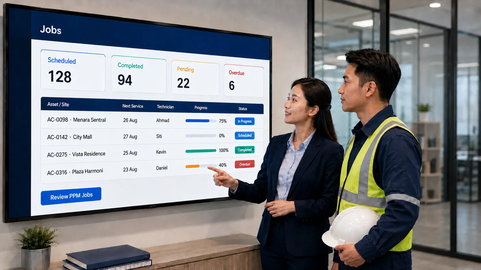 Operations manager and technician reviewing a wall-mounted Caction Jobs dashboard showing scheduled, completed, pending and overdue maintenance jobs alongside a per-asset service table.
