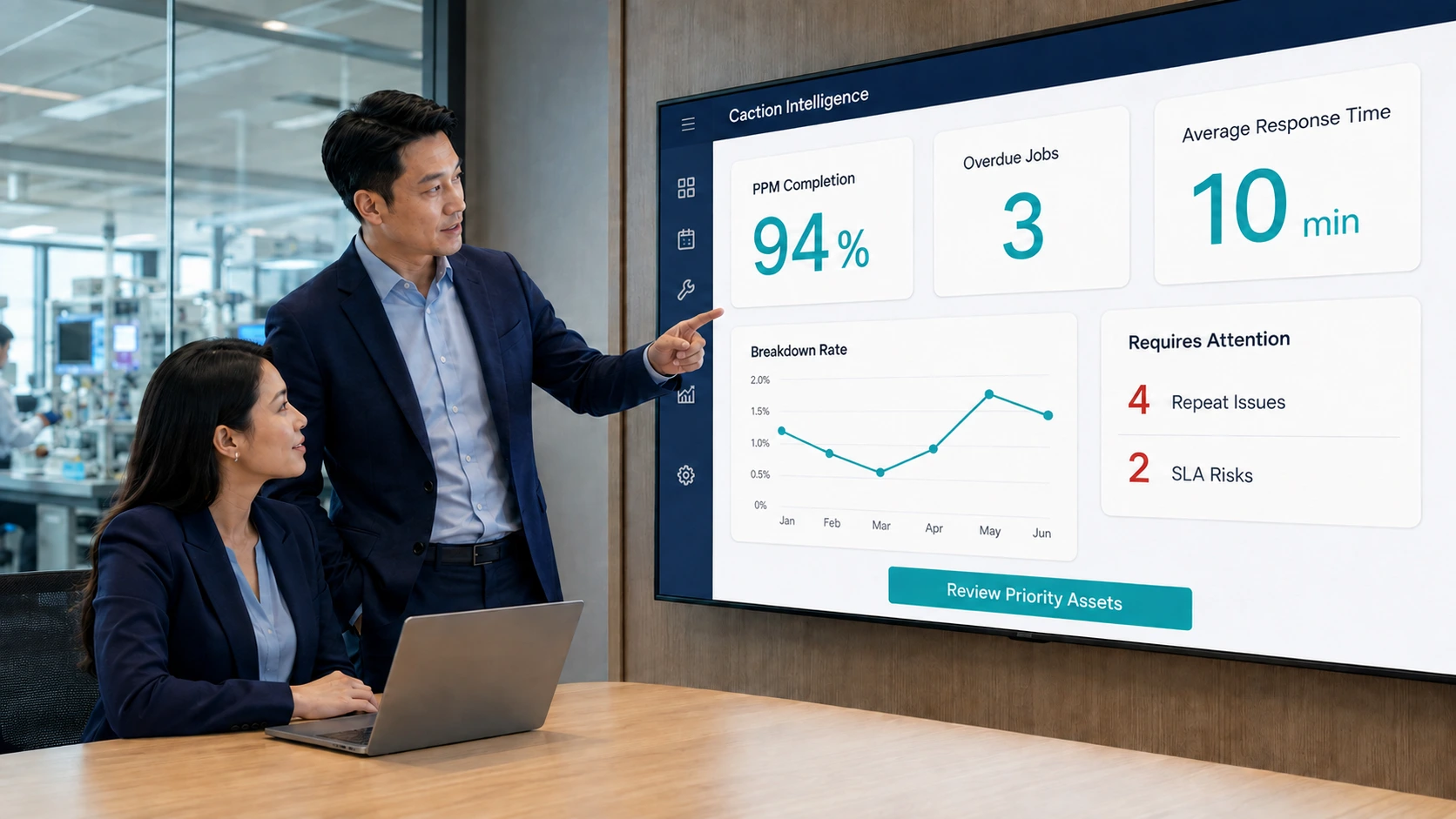Caction Intelligence dashboard on a meeting room screen showing 94% PPM completion, 3 overdue jobs, a 10-minute average response time, a breakdown rate trend and a Requires Attention panel flagging 4 repeat issues and 2 SLA risks