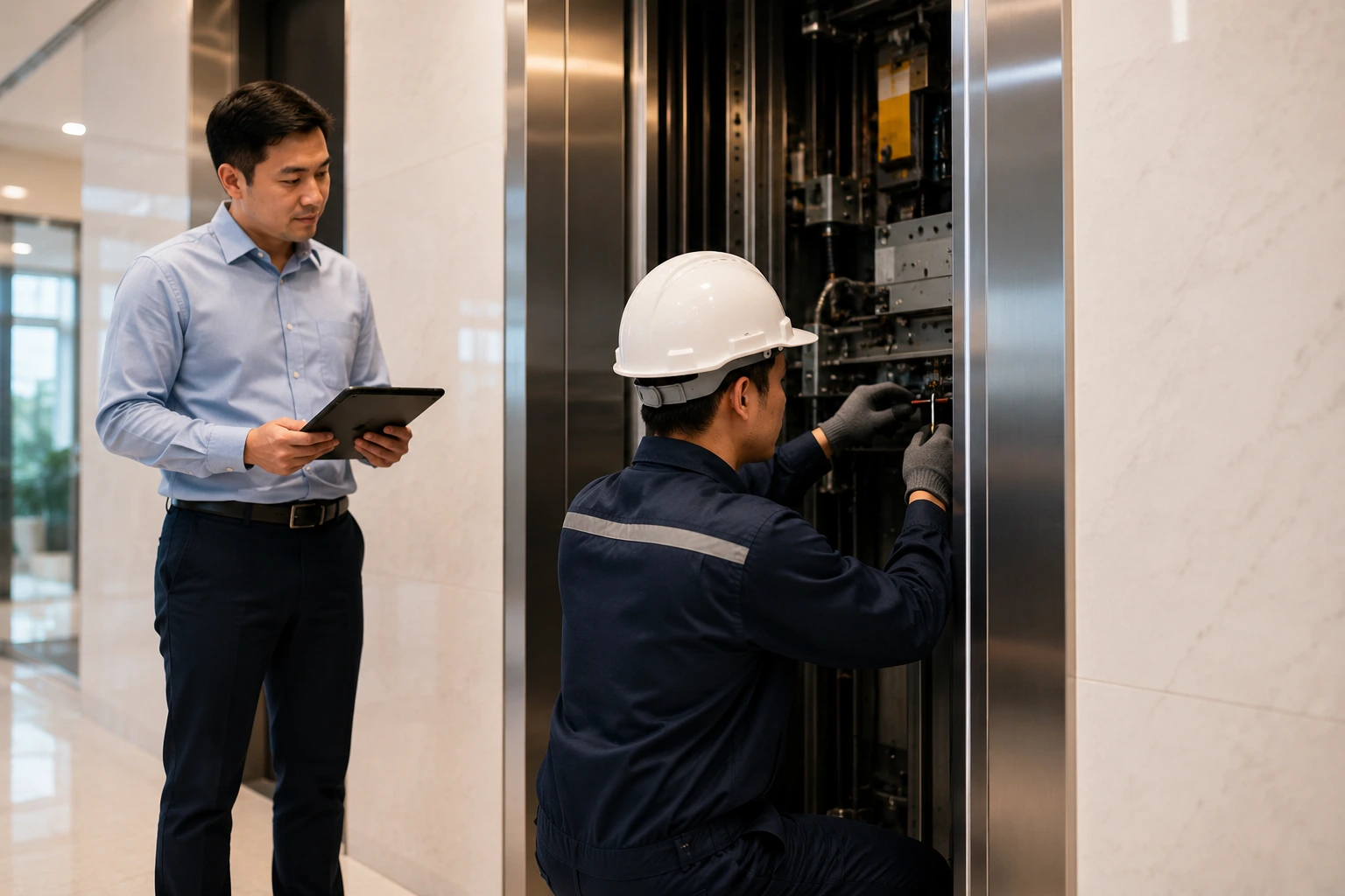 Service manager reviewing job details on a tablet while a technician services an elevator controller in a building lobby