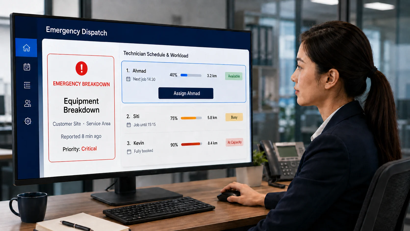 Coordinator reviewing the Caction Emergency Dispatch dashboard, showing an equipment breakdown alert alongside technician schedule, workload and availability to support faster assignment decisions.