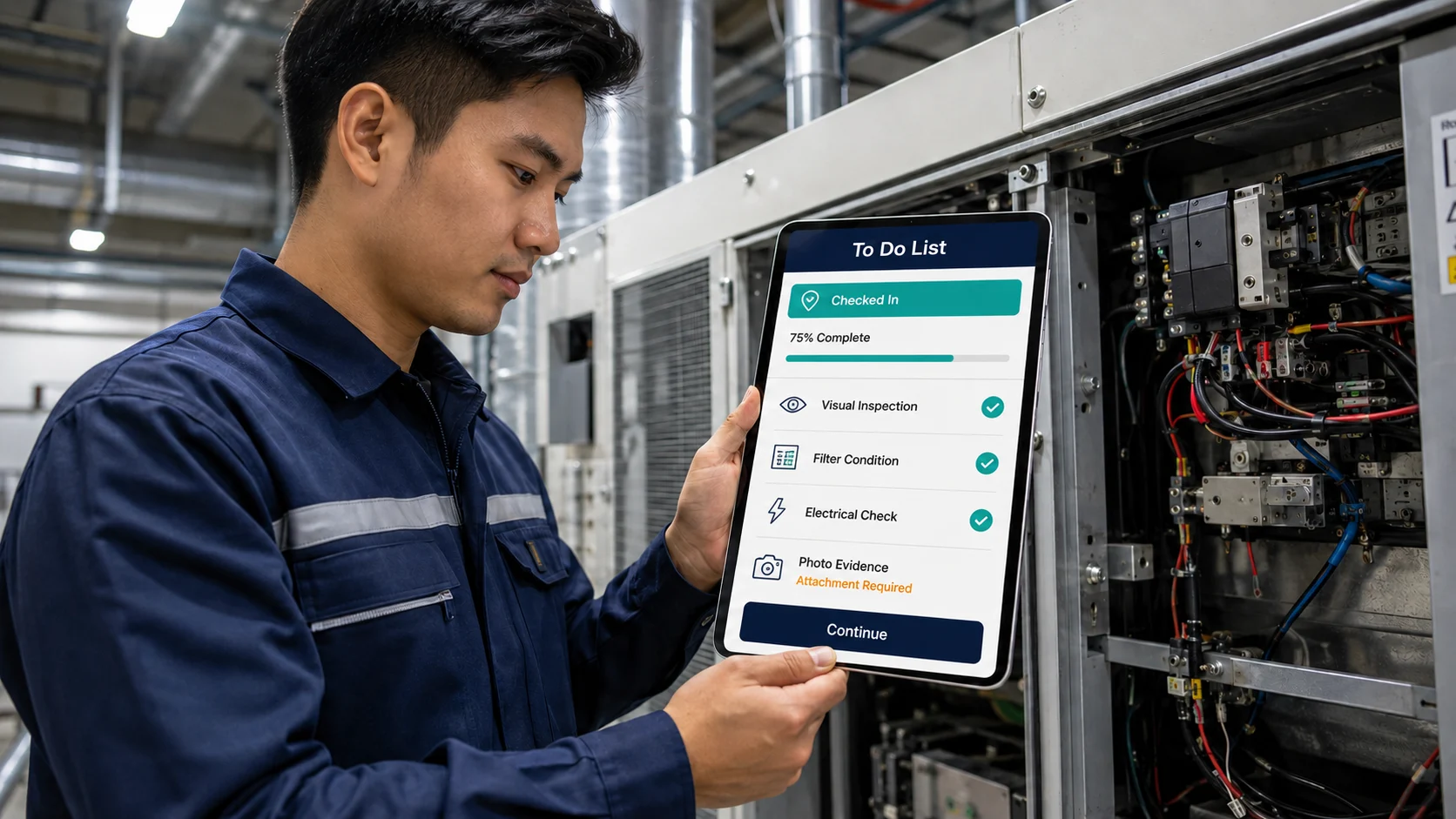 Technician following a digital To Do List checklist in Caction — visual inspection, filter condition and electrical check confirmed, with photo evidence required — to guide every elevator maintenance visit to the same service standard.