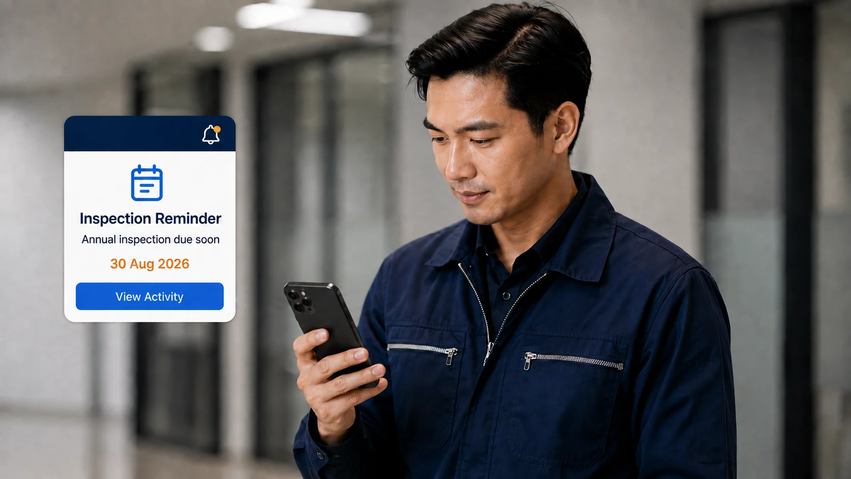 Technician viewing a Caction service reminder notification on his phone flagging an upcoming maintenance date, with an option to review it now.