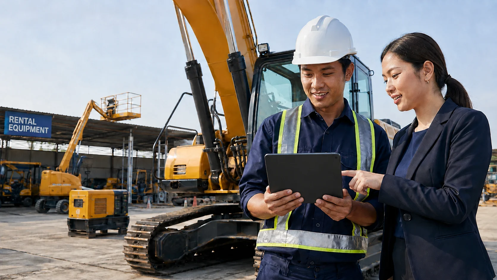 Rental yard manager and technician reviewing equipment details on a tablet in front of an excavator and generator at a 'Rental Equipment' yard