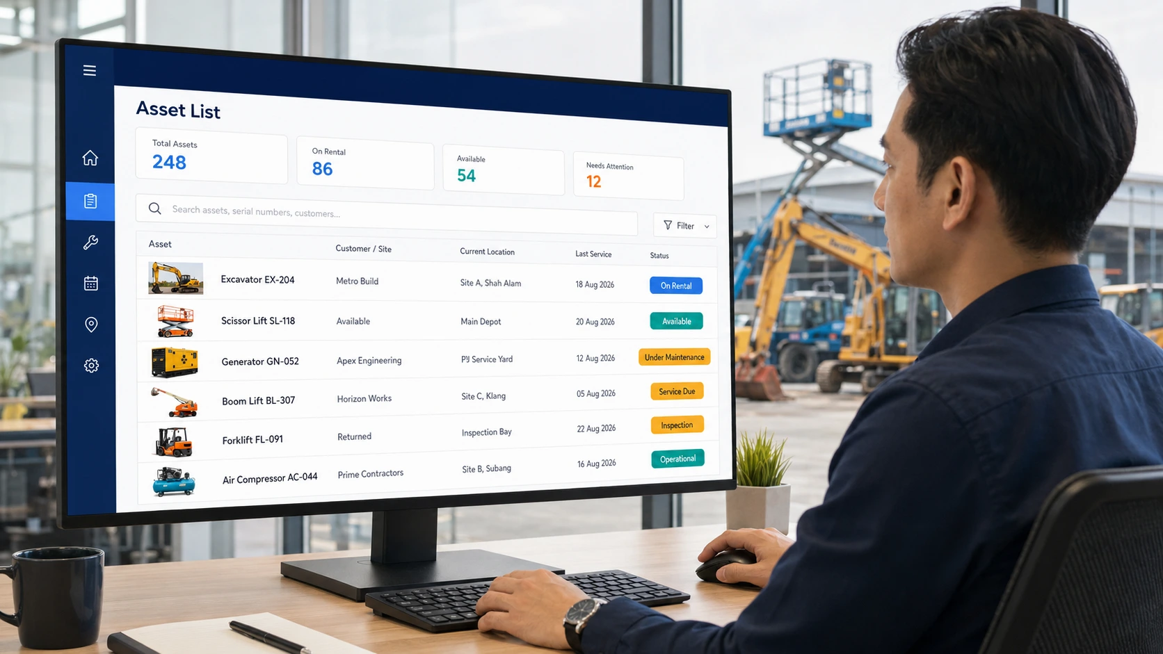 Caction Asset List dashboard showing 248 total assets, 86 on rental, 54 available and 12 needing attention, with a table of equipment, customer/site, current location, last service date and status such as On Rental, Available, Under Maintenance and Service Due.