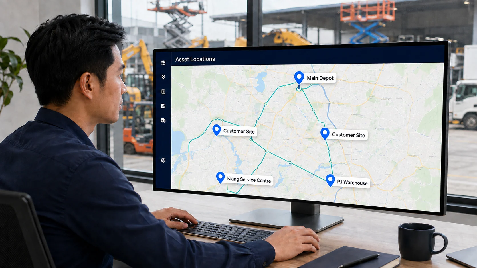 Caction Asset Locations dashboard showing a map with the Main Depot, two Customer Sites, Klang Service Centre and PJ Warehouse pinned and connected by route lines, tracking where rental equipment is moving between.