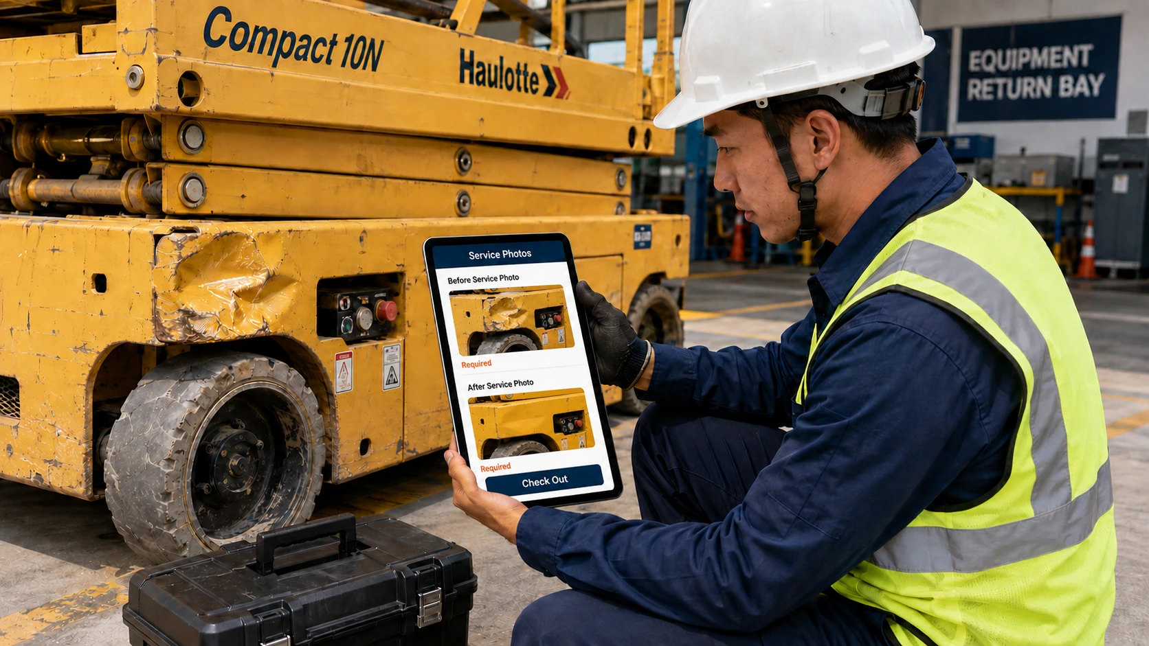 Technician kneeling beside a damaged scissor lift at the Equipment Return Bay, holding a tablet open to Caction’s Service Photos screen with required Before Service Photo and After Service Photo fields and a Check Out button.