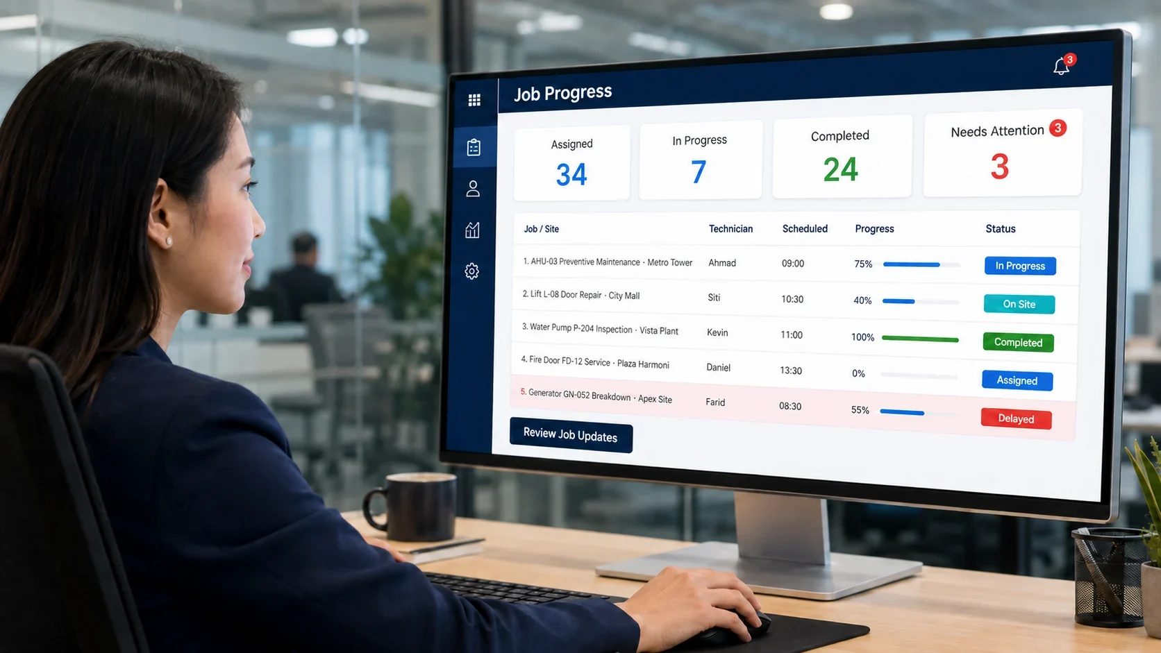 Caction Job Progress dashboard showing 34 jobs assigned, 7 in progress, 24 completed and 3 needing attention, with a job list of technician, scheduled time, progress percentage and status including In Progress, On Site, Completed, Assigned and Delayed.