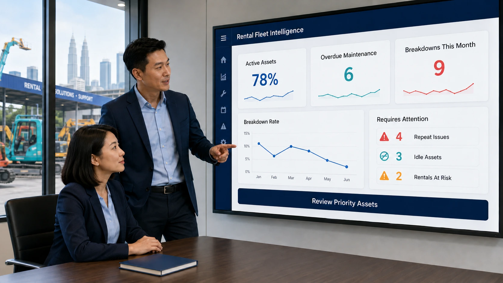 Caction Rental Fleet Intelligence dashboard showing 78% active assets, 6 overdue maintenance items, 9 breakdowns this month, a six-month breakdown rate trend and a Requires Attention panel flagging repeat issues, idle assets and rentals at risk.