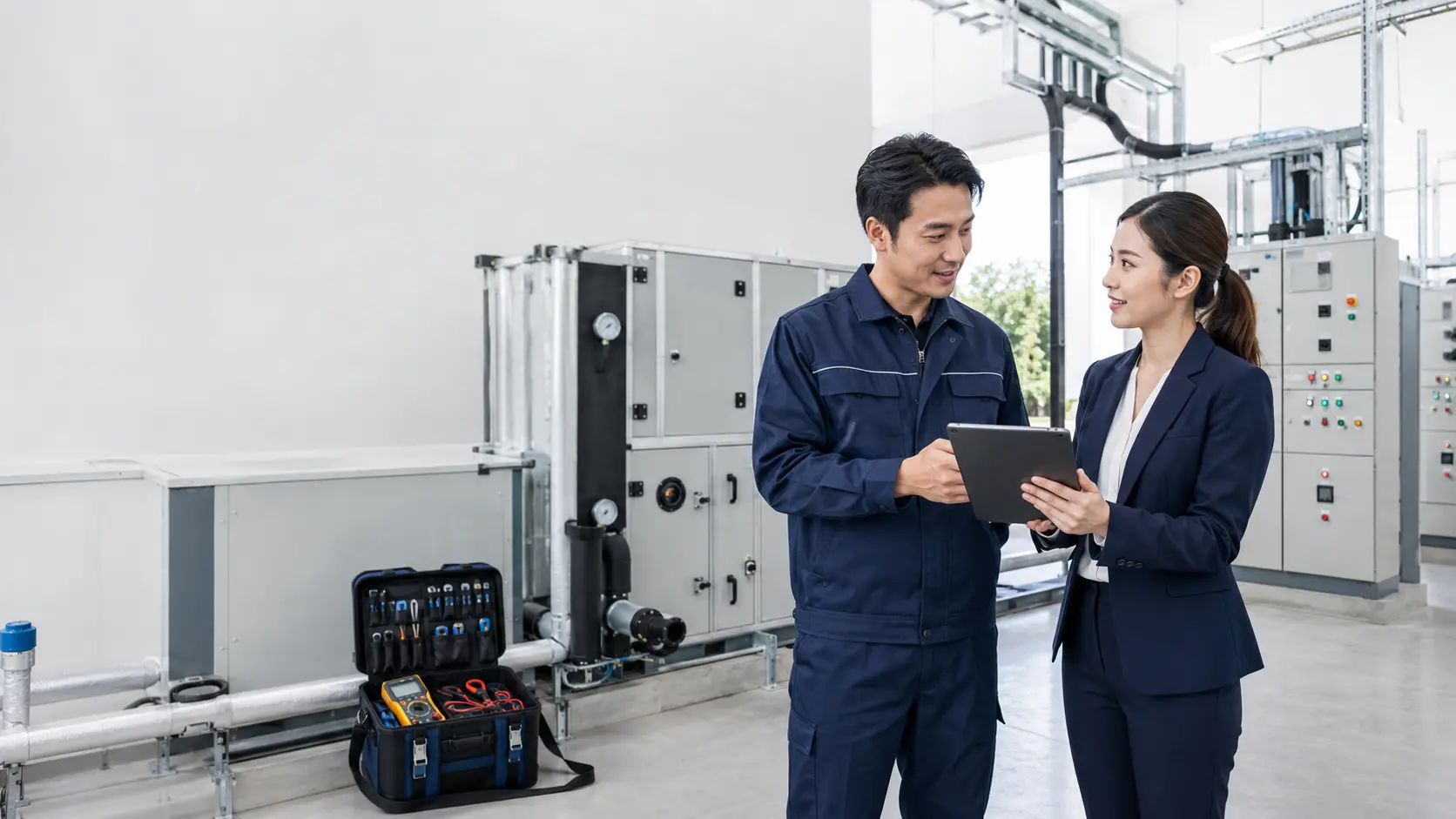 Facilities technician showing a tablet to a facilities manager beside an air handling unit and electrical control panels in a building mechanical room, with a service toolbox and multimeter on the floor