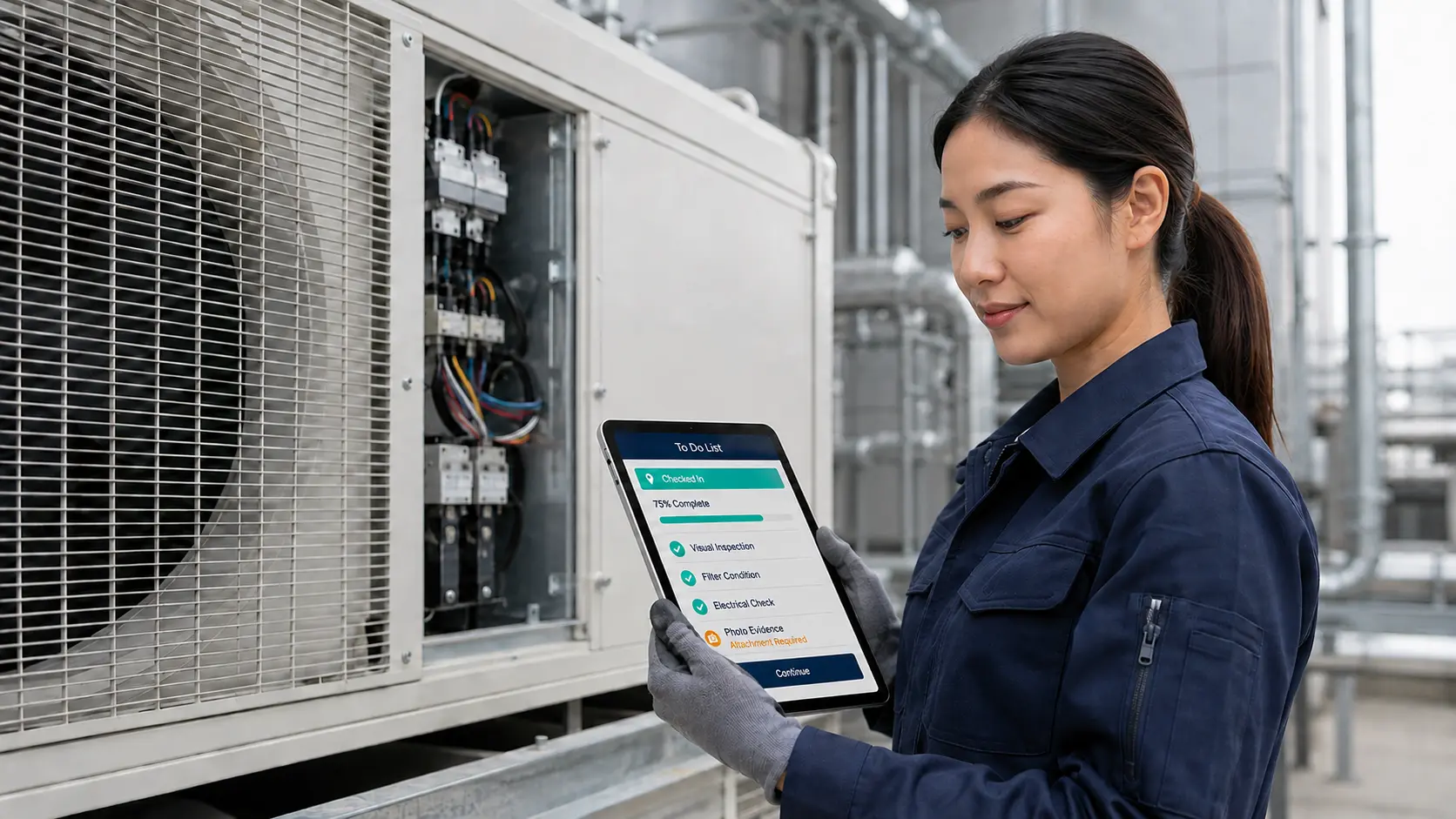 Facilities technician on a rooftop plant room completing a Caction digital To Do List checklist on a tablet beside an air-conditioning unit, showing check-in confirmed, 75% complete, visual inspection, filter condition and electrical check ticked off, with photo evidence still required.
