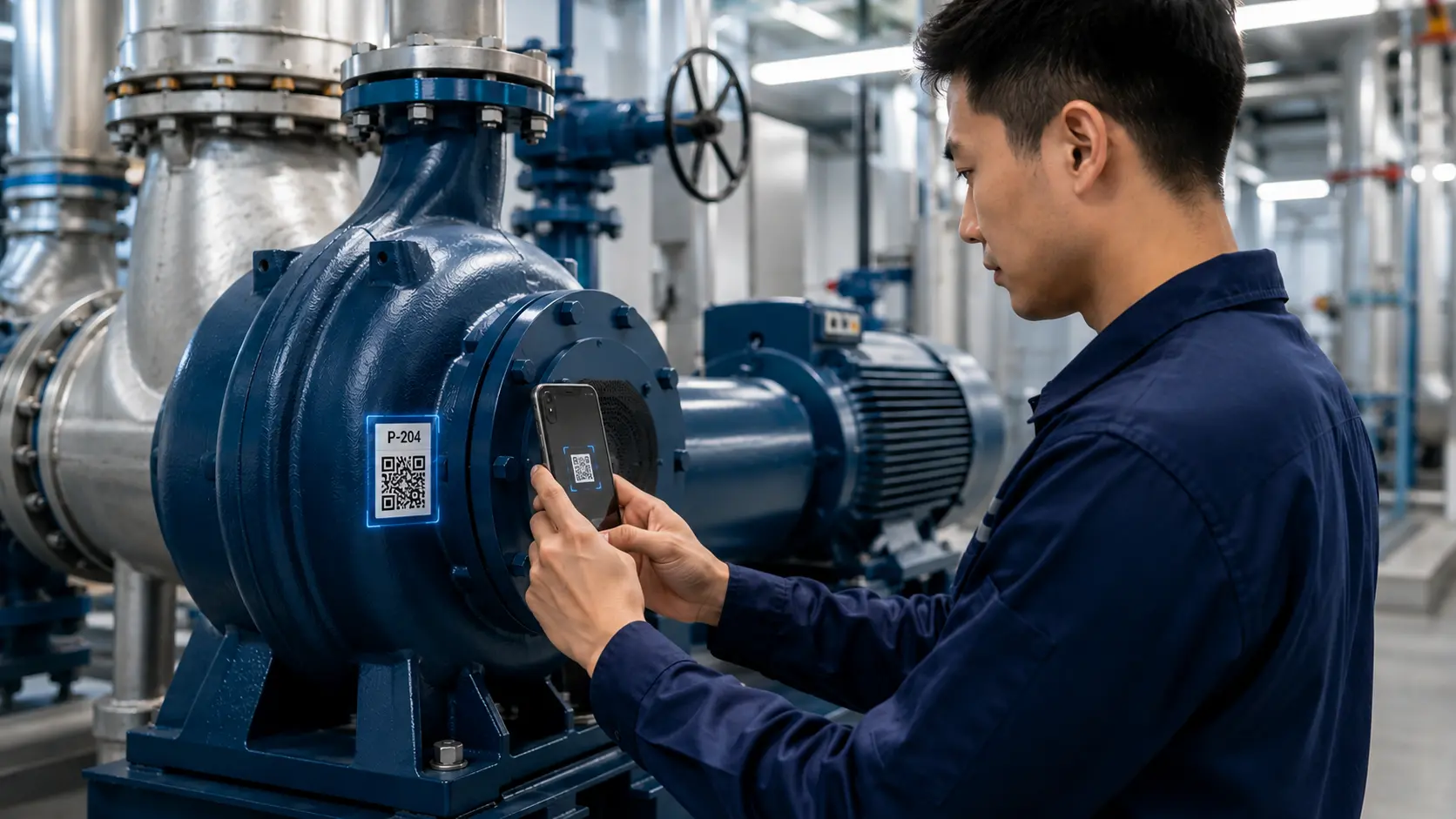 Facilities technician scanning a QR code labelled P-204 on a water pump with his phone to pull up the asset’s service history in a plant room.