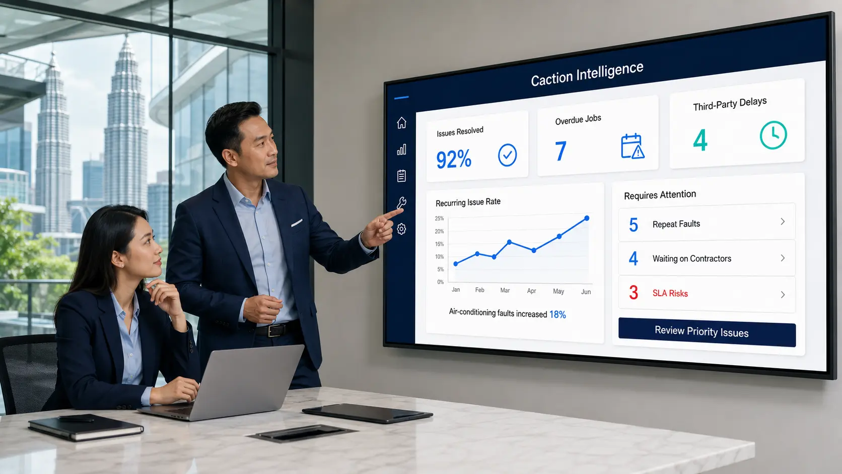 Caction Intelligence dashboard showing 7 overdue jobs, 4 third-party delays and a Requires Attention list flagging 5 repeat faults and 4 jobs waiting on contractors.